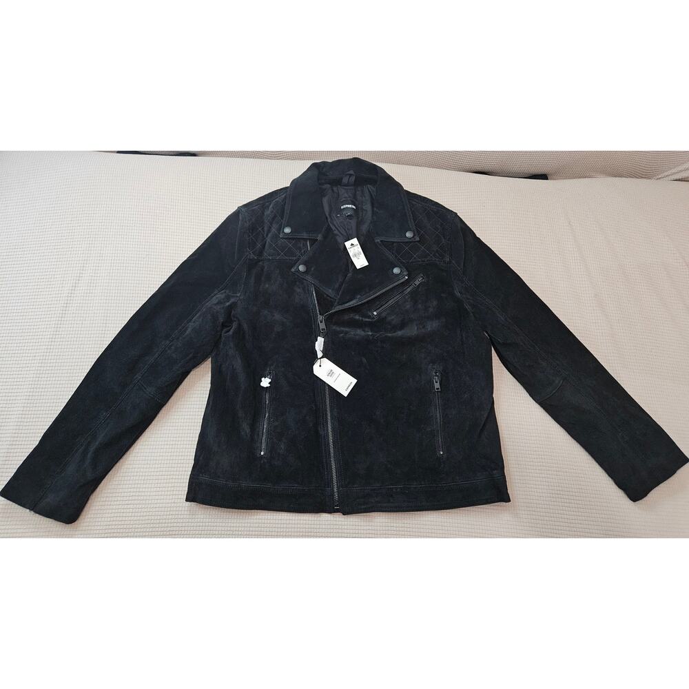 Express Men's XXL Genuine Suede Black Quilted Biker Moto Jacket New With Tags